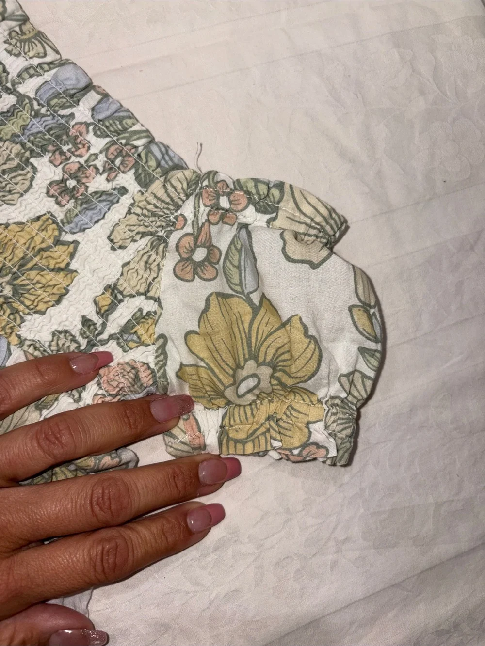 Sigrid Olsen White Floral Smocked Dress with Yellow, Pink & Blue Flowers